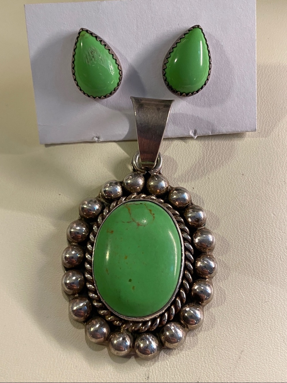 Vintage Taxco Sterling Silver Green Stone Pendant | 925 Mexico | Southwestern